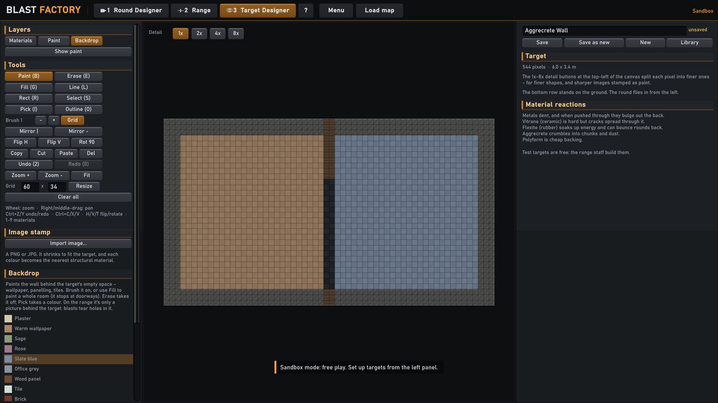 The Structure Designer with the new Backdrop layer: a two-room hut, one room in warm wallpaper and the other in slate blue