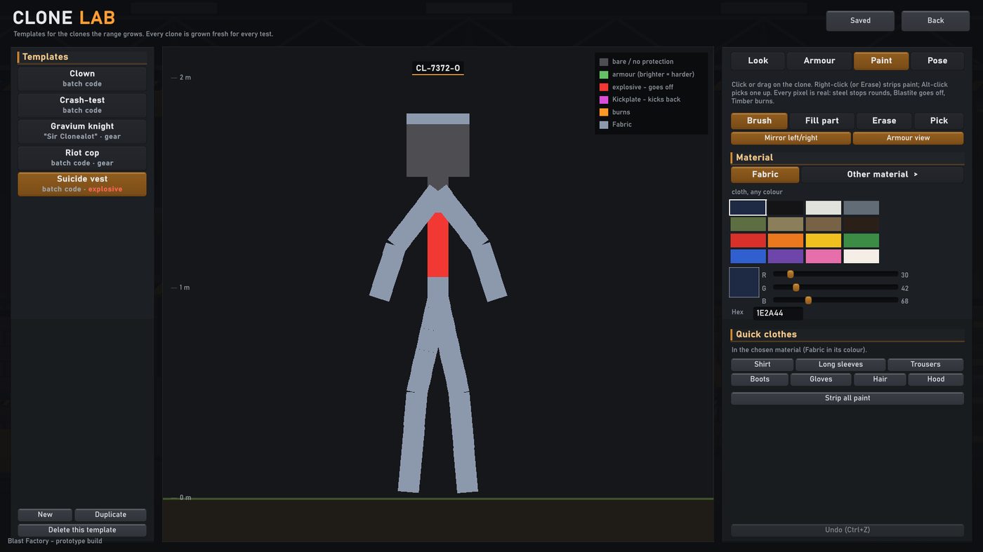 Armour view on the Suicide vest clone: its torso band in red as explosive, its clothes in grey as Fabric