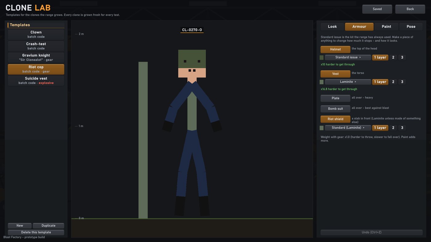 The Armour tab: helmet, vest, plate, bomb suit and riot shield, each with its material and layers