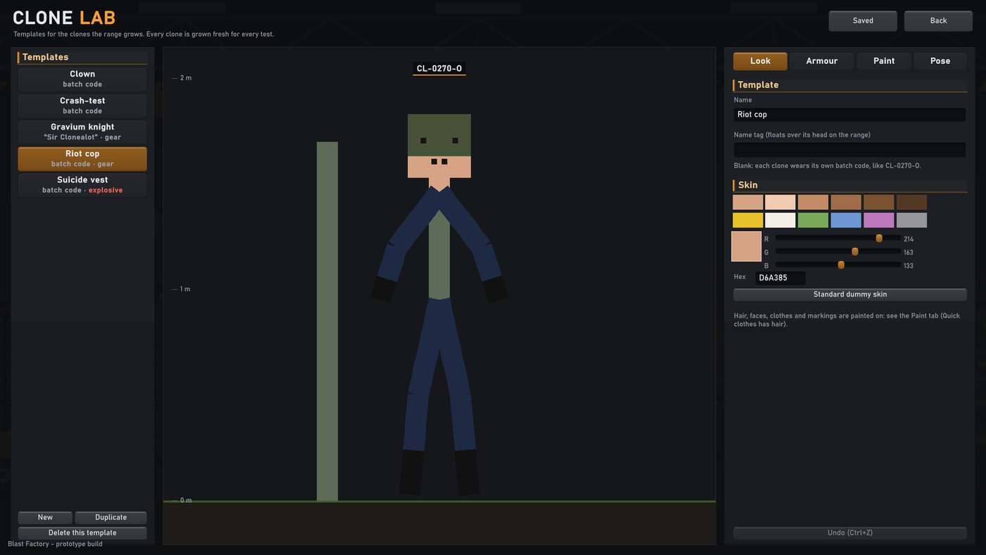 The Look tab with the Riot cop template: name, name tag and skin tone