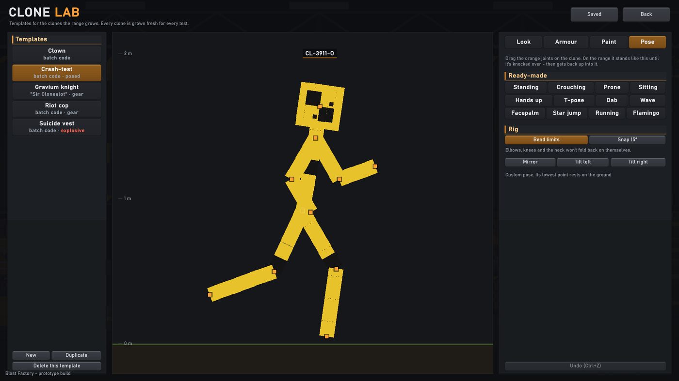 The Pose tab: a yellow crash-test clone mid-stride, with orange joint handles