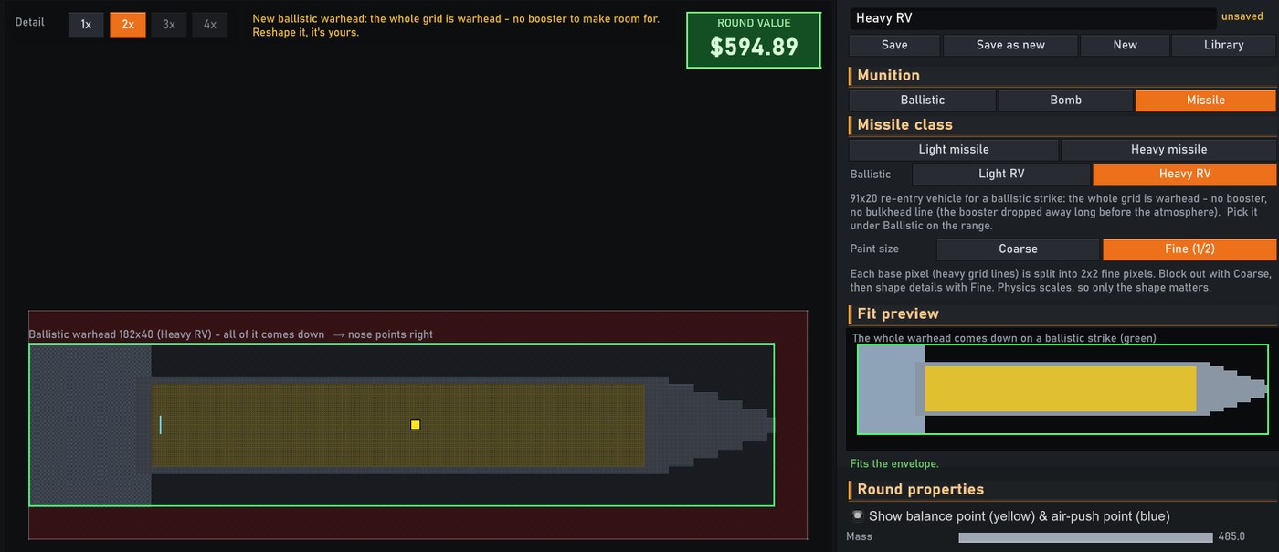 The Heavy RV grid in the Round Designer: one long warhead with no bulkhead line
