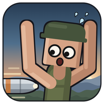 The new Blast Factory icon: a wide-eyed clone in a green helmet with its hands up, as a steel round streaks in at dusk