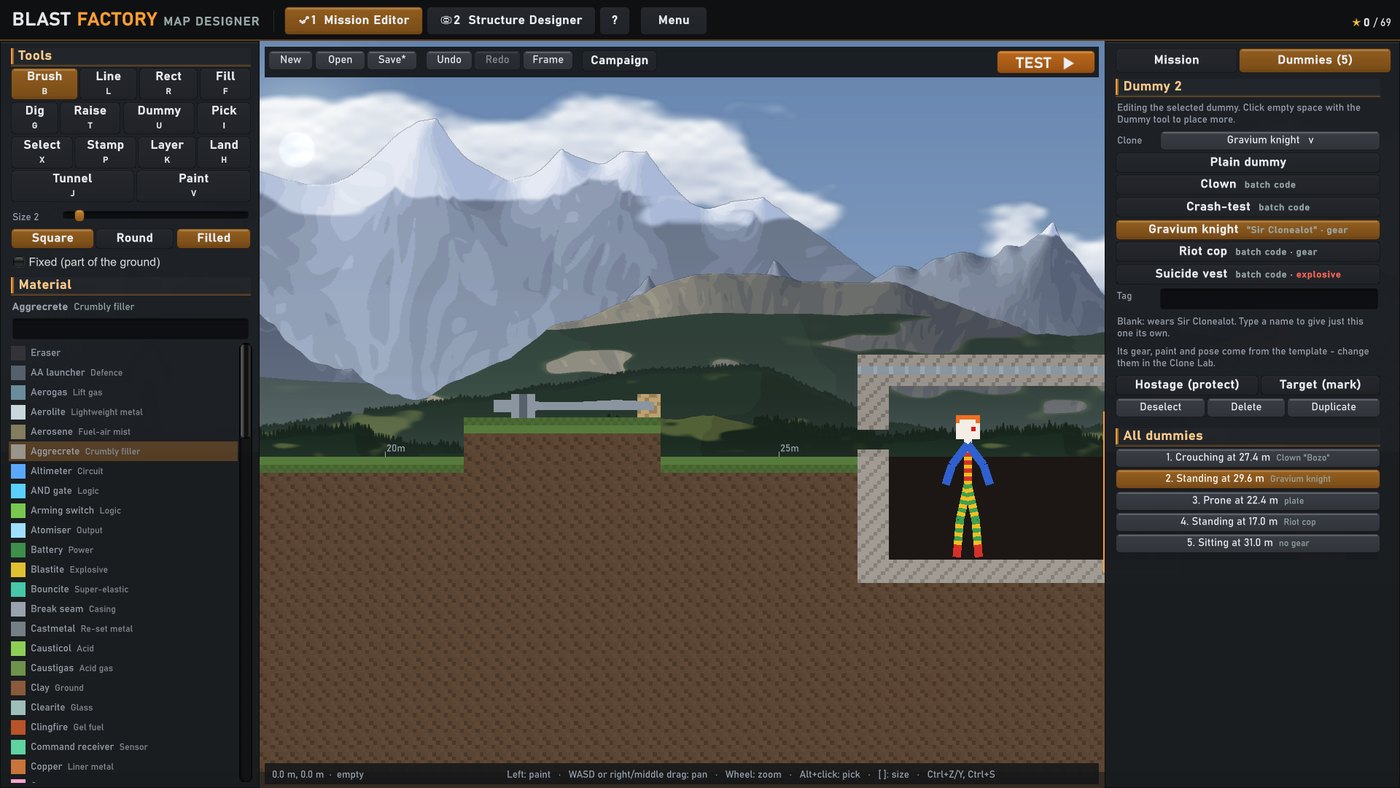 The Map Designer's Dummies panel with the Clone picker open and a clown clone placed on the map