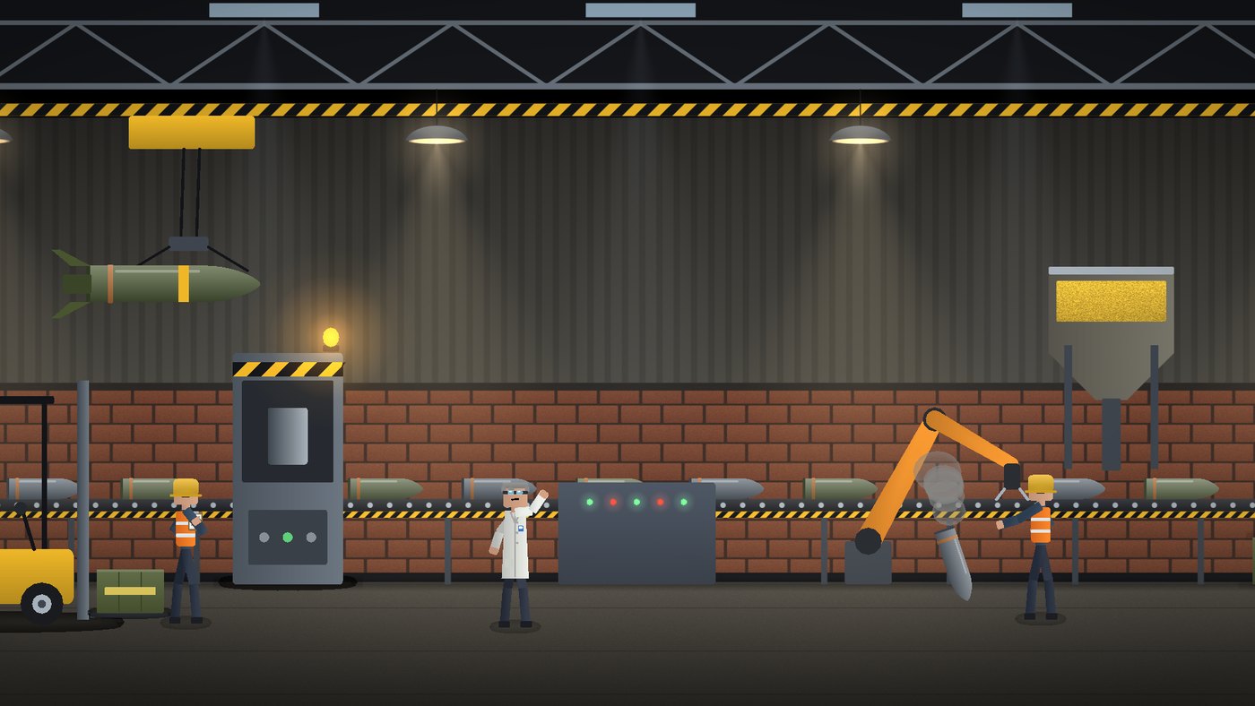 The assembly hall: a crane holding a bomb overhead, shells on a conveyor past a press, a robot arm and a filling hopper
