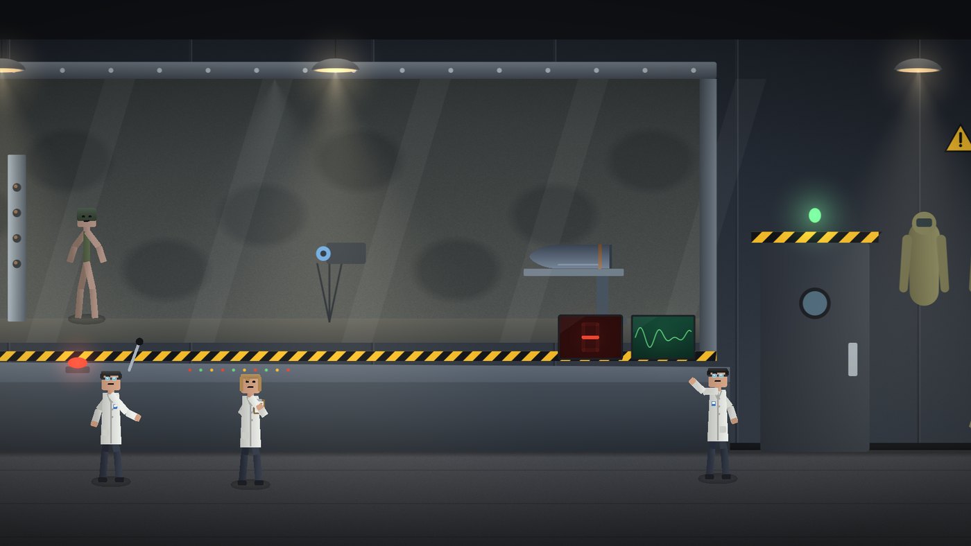 The test bay: behind the blast chamber's glass a clone waits by a bolted post while scientists stand at the console