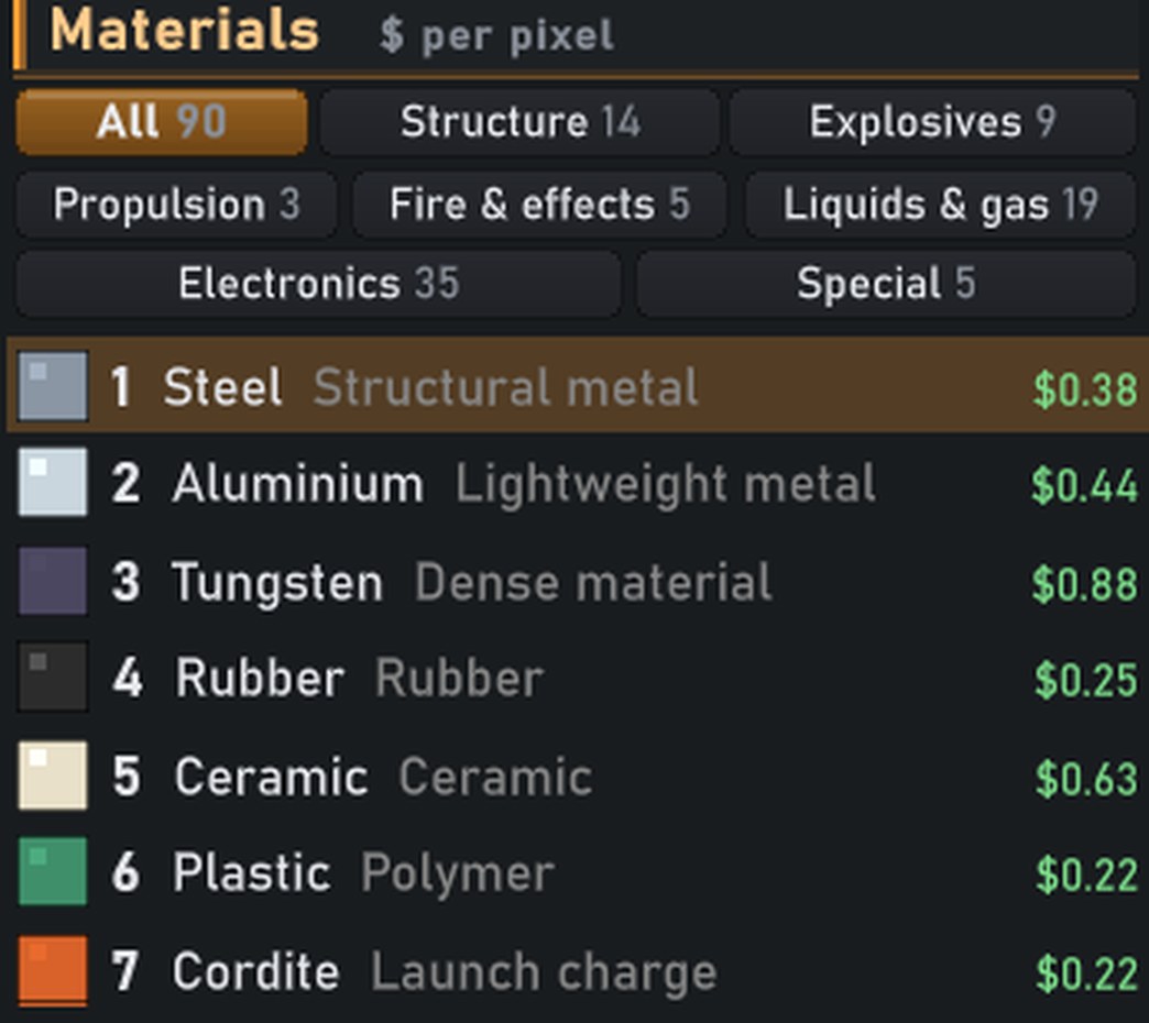 The Round Designer's palette listing TNT, Lead azide, Solid fuel and the other real material names