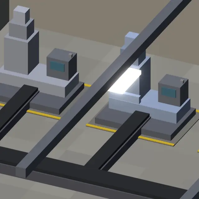 The factory's plant floor in 3D: machines on the line, light falling across them