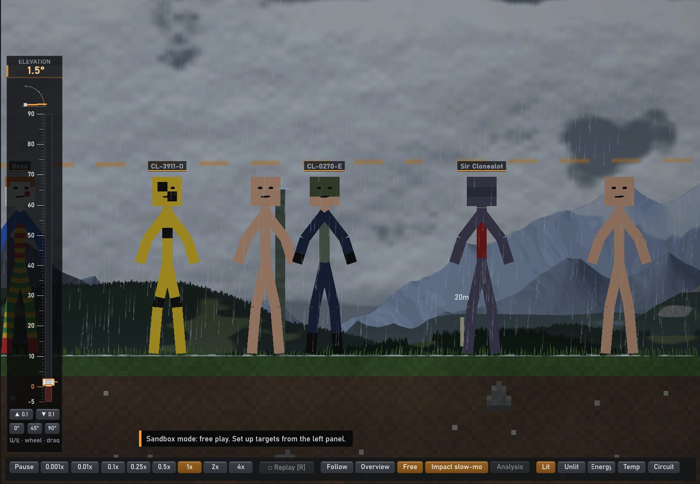 Five clones and a plain dummy on the Sandbox range: a clown tagged Bozo, a crash-test clone, a riot cop behind its shield and the Gravium knight tagged Sir Clonealot