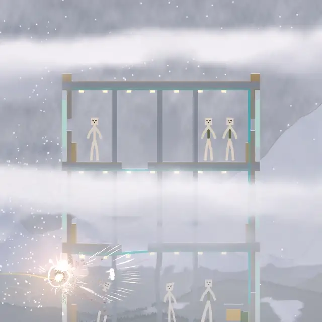 A thermobaric round going off in falling snow, a frame structure tipping over in the blast