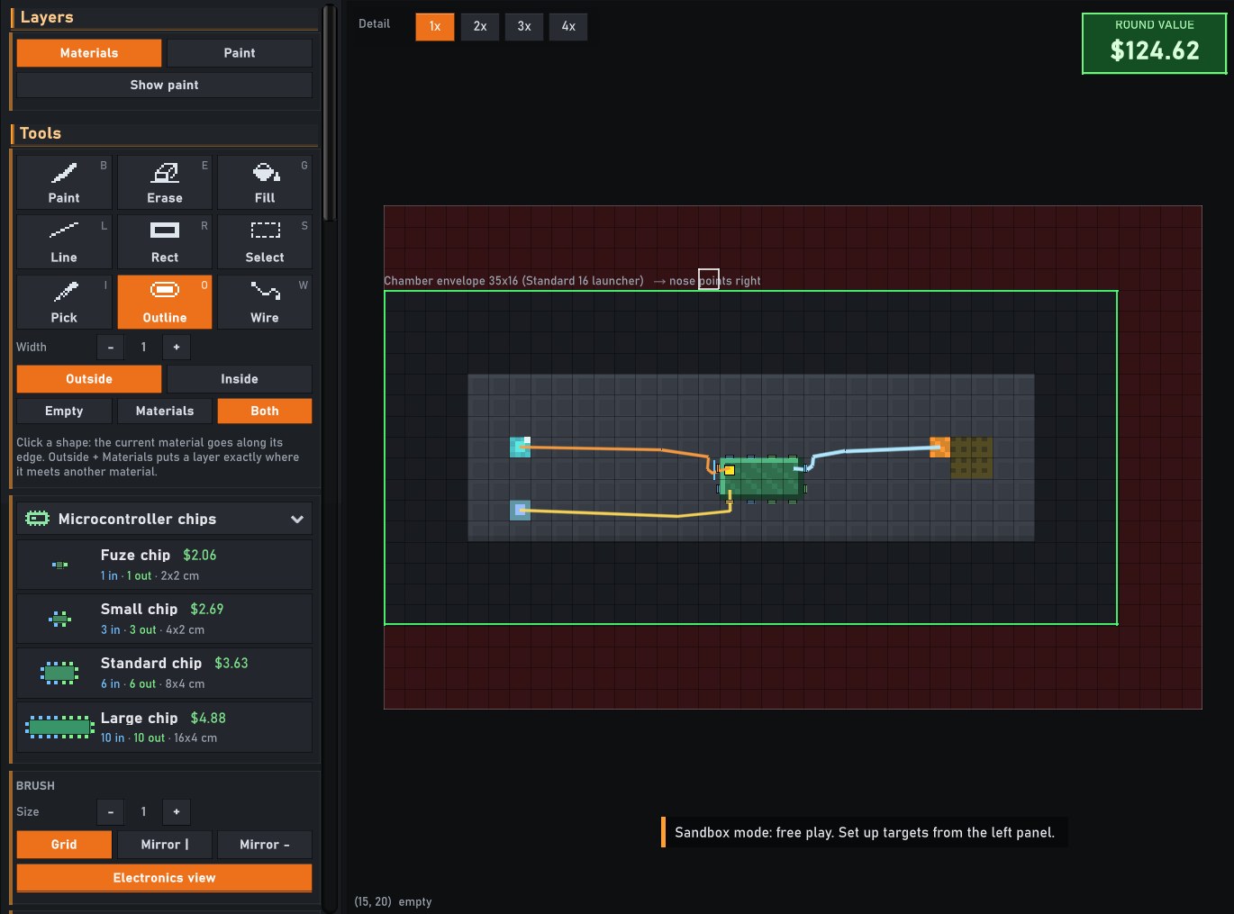 The new tool panel: tools as icon tiles, the Outline tool's options, the chip menu, and Brush, Edit and View cards