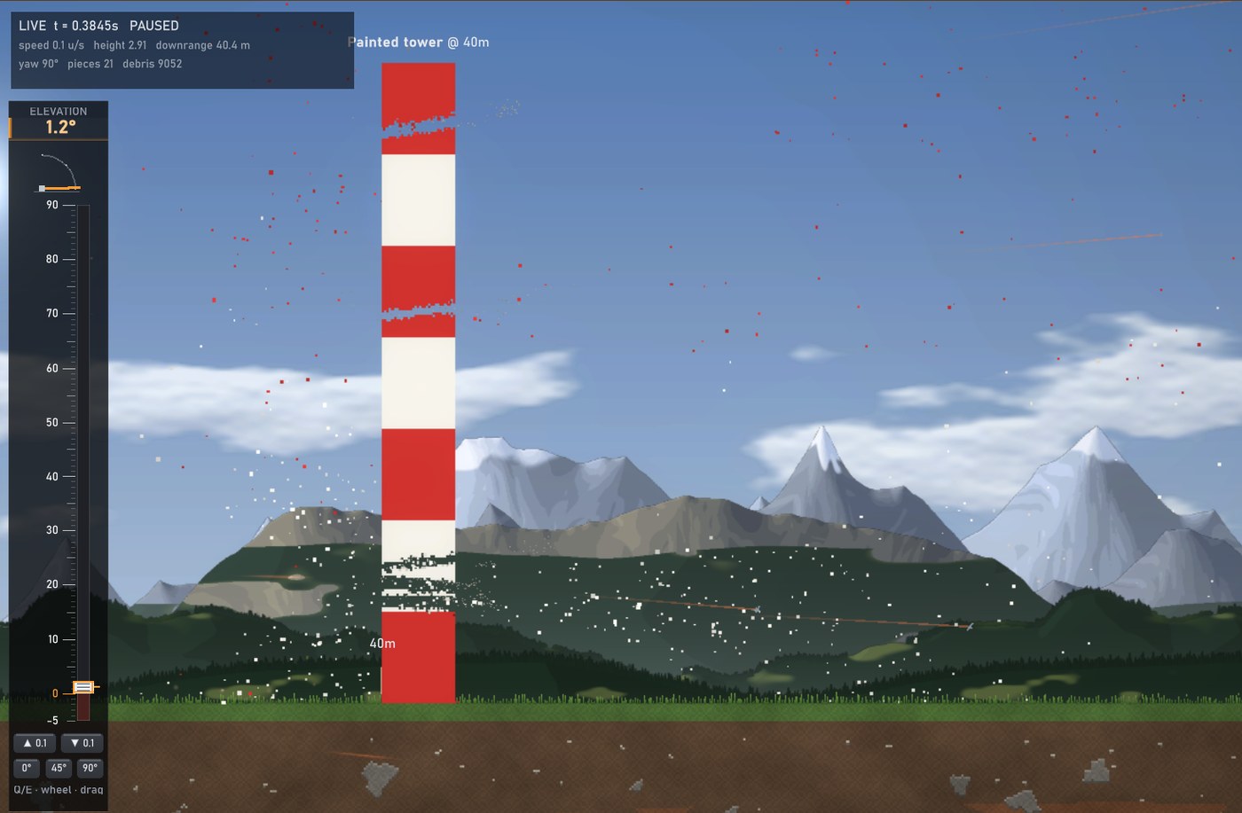 A red-and-white painted chimney, mid-topple, its falling section still wearing its stripes