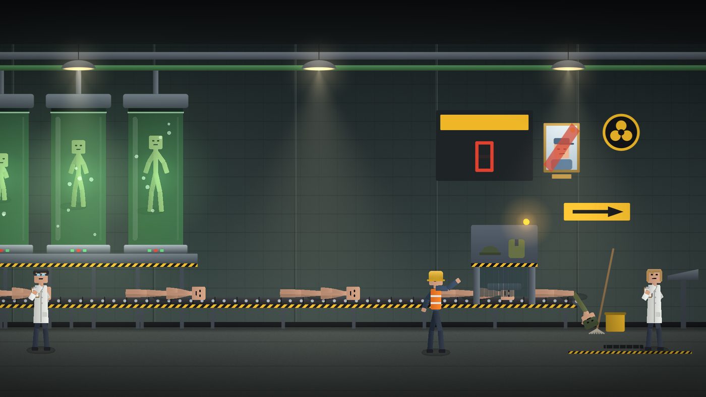 The Vat Hall: green growth vats, clones lying on a conveyor, the kitting machine stamping one, and a kitted clone sagging head-first off the end of the belt
